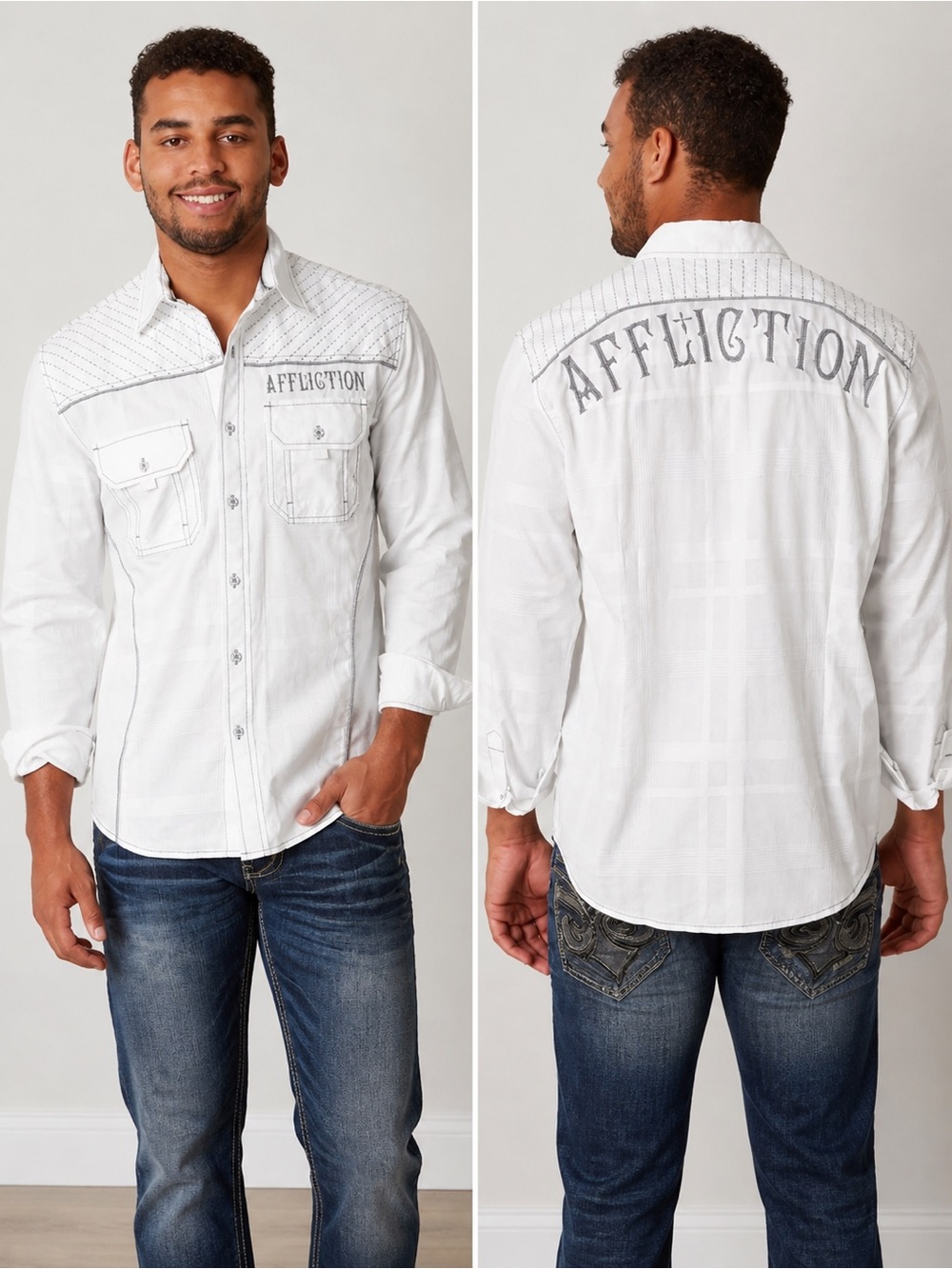 AFFLICTION Black Premium White Button Front Shirt Embroidered Logo Size 2XL